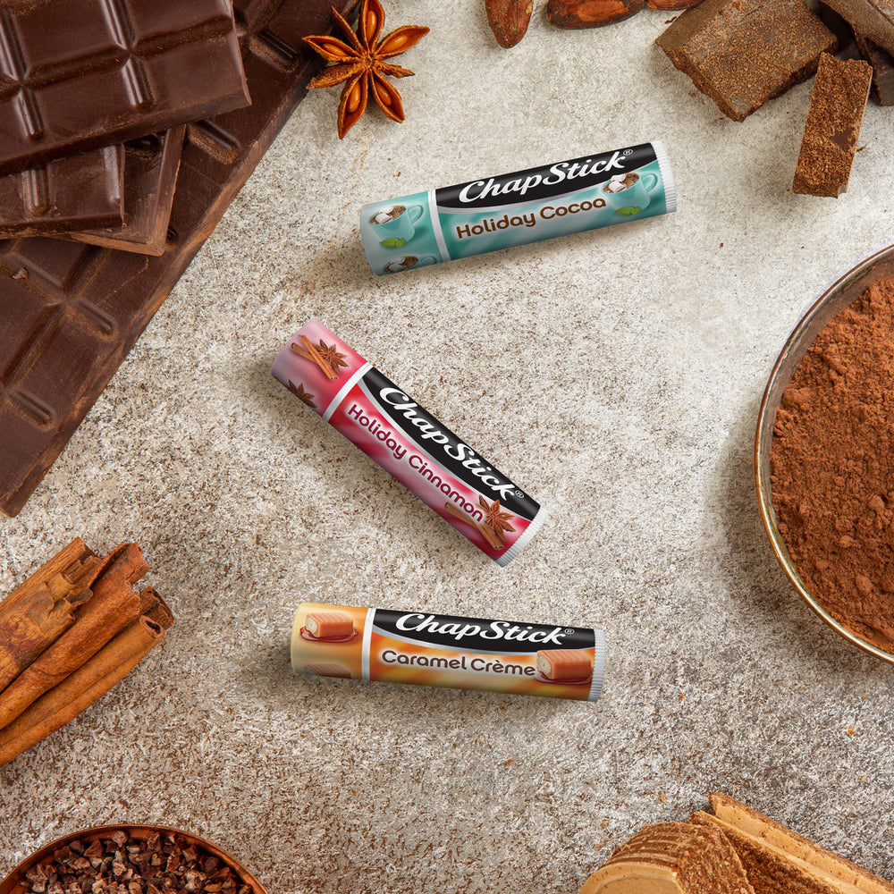 
                  
                    ChapStick® Holiday Collection with Holiday Cinnamon, Caramel CrÃ¨me and Holiday Cocoa Flavors lip balms.
                  
                