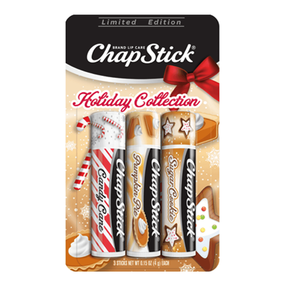 ChapStick® Holiday Collection with Candy Cane, Sugar Cookie and Pumpkin Pie Flavors lip balms.