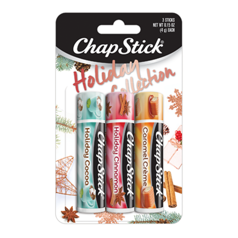 ChapStick® Holiday Collection with Holiday Cinnamon, Caramel CrÃ¨me and Holiday Cocoa Flavors lip balms.