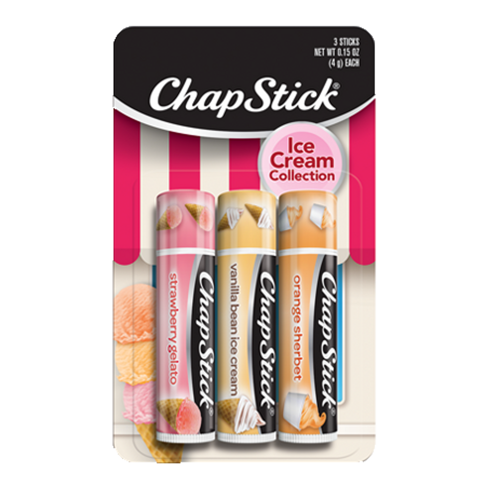 ChapStick® Ice Cream Collection three pack with Strawberry Gelato, Vanilla Bean Ice Cream and Orange Sherbet flavors.
