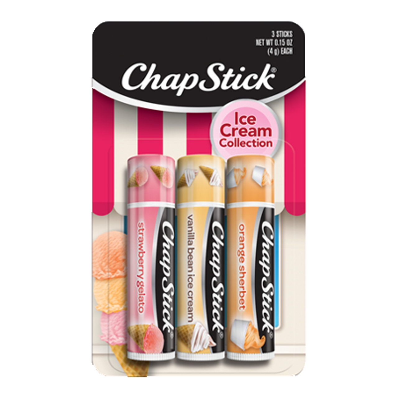 ChapStick® Ice Cream Collection three pack with Strawberry Gelato, Vanilla Bean Ice Cream and Orange Sherbet flavors.