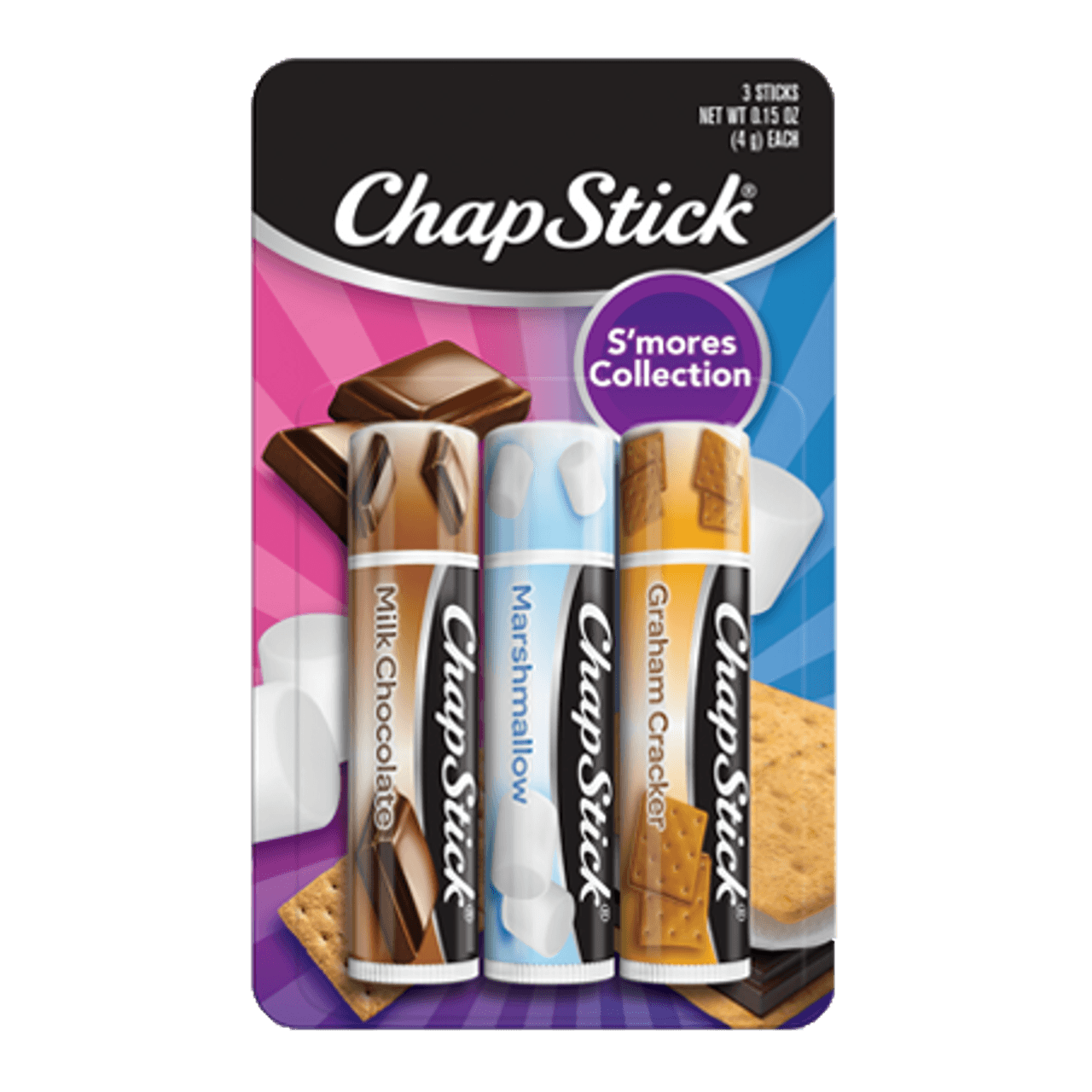 ChapStick® S'mores Collection three pack with Milk Chocolate, Marshmallow, Graham Cracker flavors.